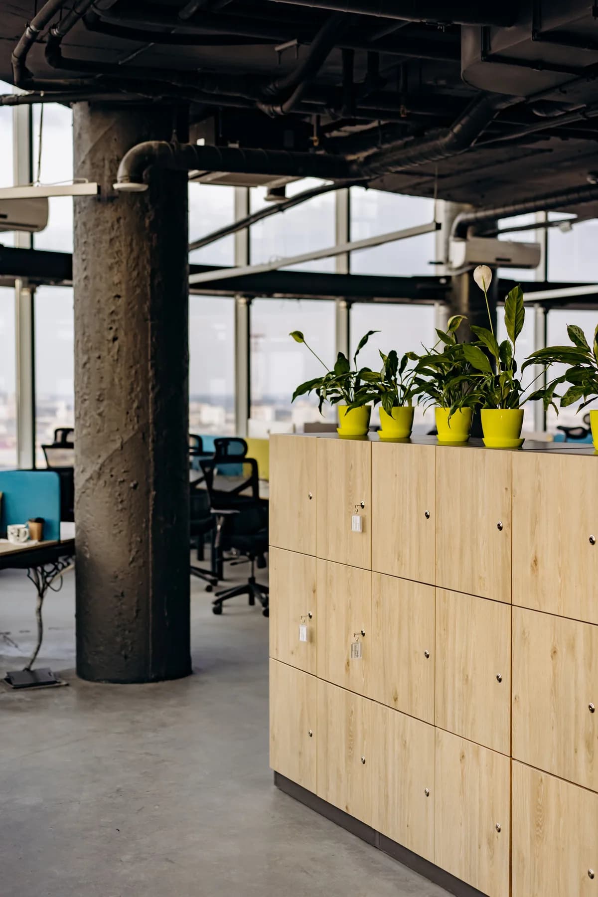 Armoires de rangement en bois dans un espace de bureau