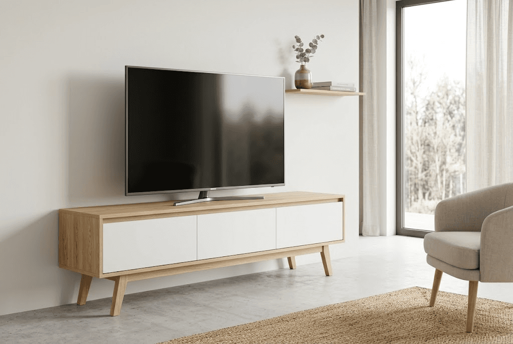 Meuble TV scandinave en chêne clair à façades blanches et pieds compas, sous un écran dans un salon lumineux