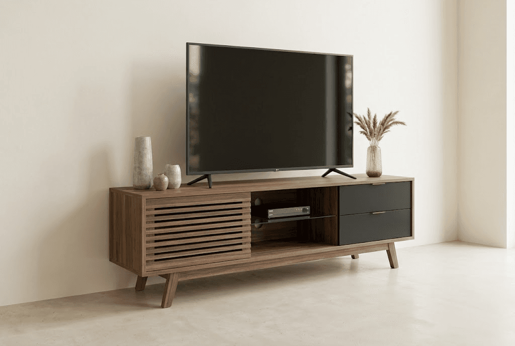 Meuble TV en noyer avec porte à tasseaux, niche ouverte et deux tiroirs noirs, sur pieds compas