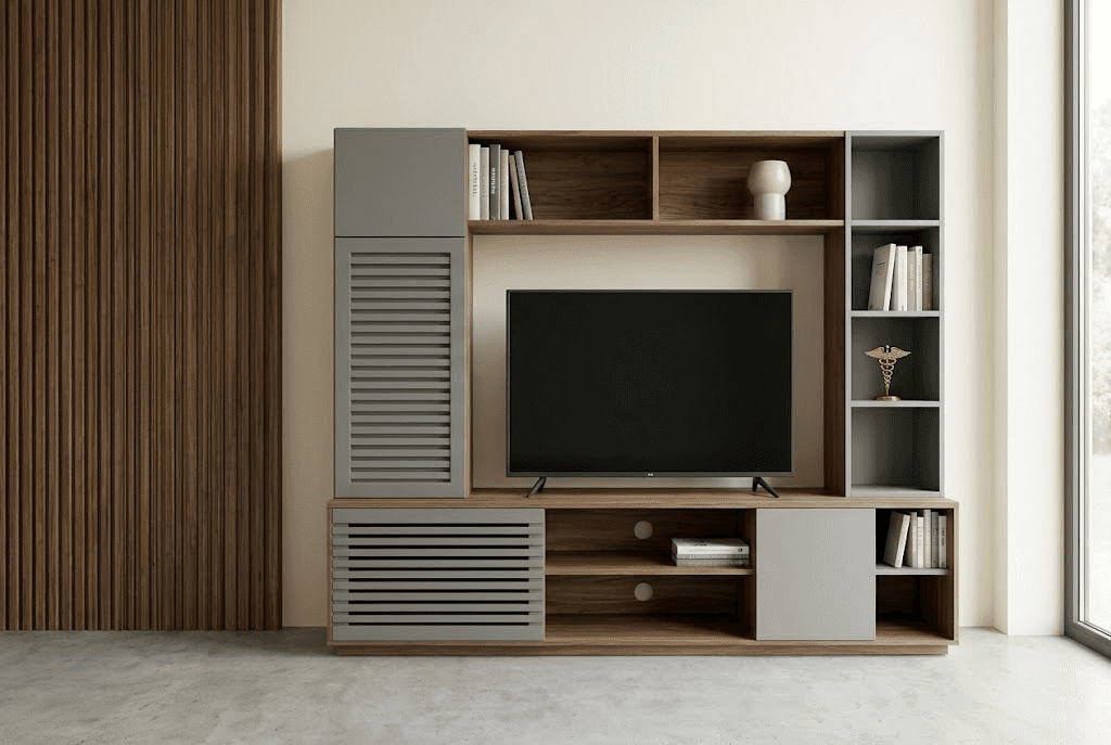 Meuble TV mural en noyer et gris avec bibliothèque, colonnes de rangement et portes à lames, vue de face