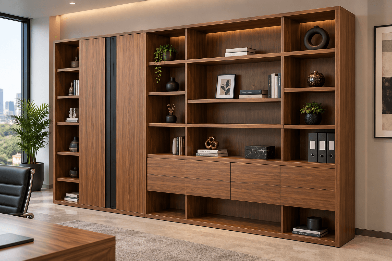Armoire murale de direction en noyer avec porte coulissante, étagères et tiroirs, éclairage LED, dans un bureau