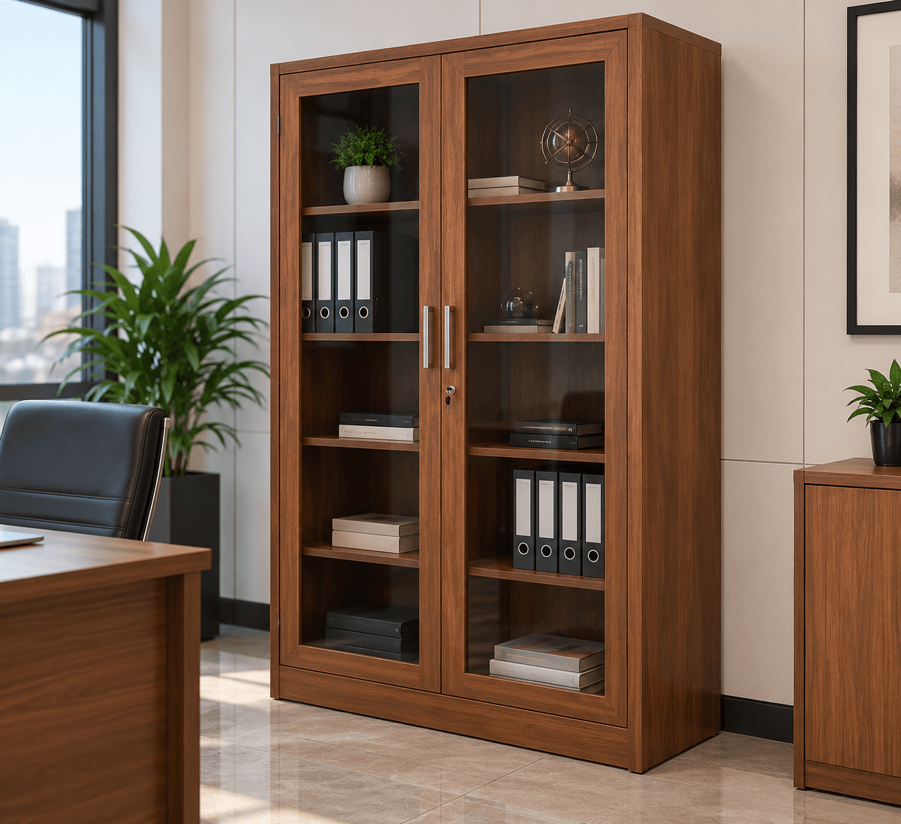 Armoire vitrée toute hauteur en noyer avec classeurs et livres, dans un bureau de direction