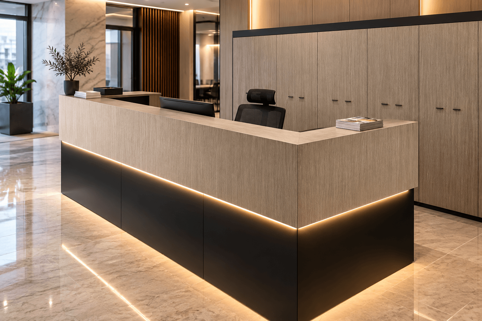 Banque d'accueil en L en chêne cendré et noir avec LED et armoire murale, dans un grand hall