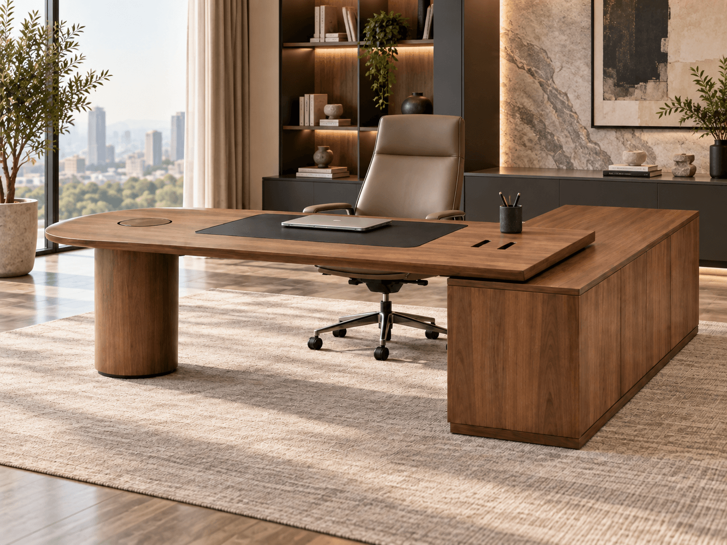 Bureau de direction design à pied colonne et retour de rangement en noyer, avec sous-main cuir