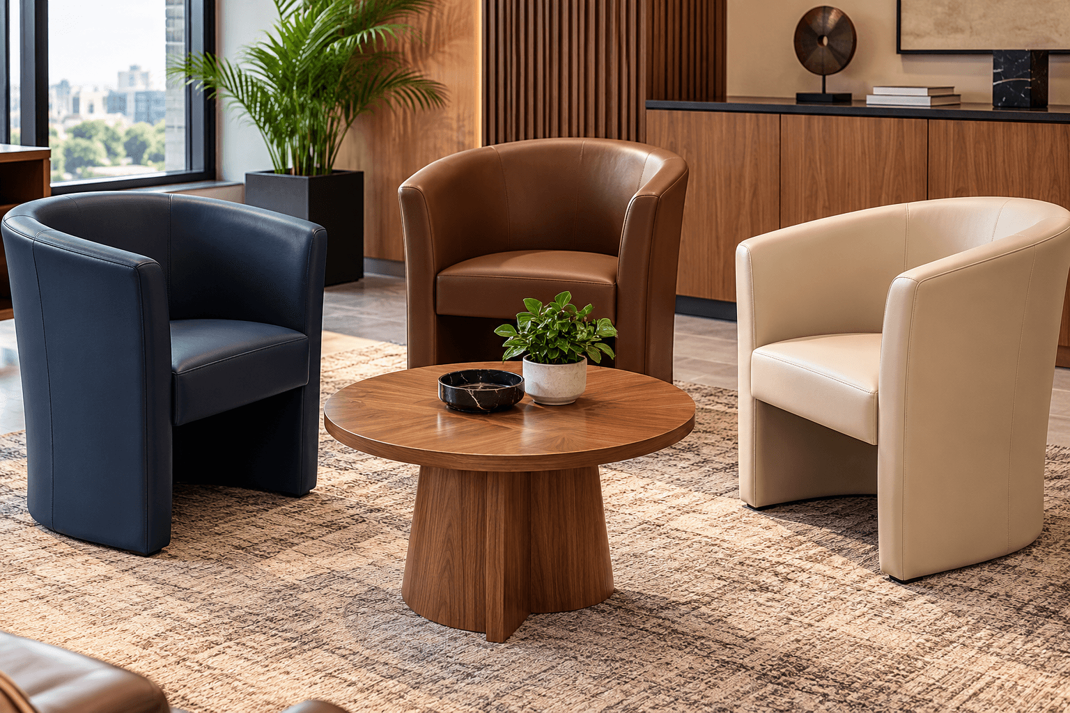 Trois fauteuils cabriolet en cuir bleu nuit, cognac et beige autour d'une table basse en noyer