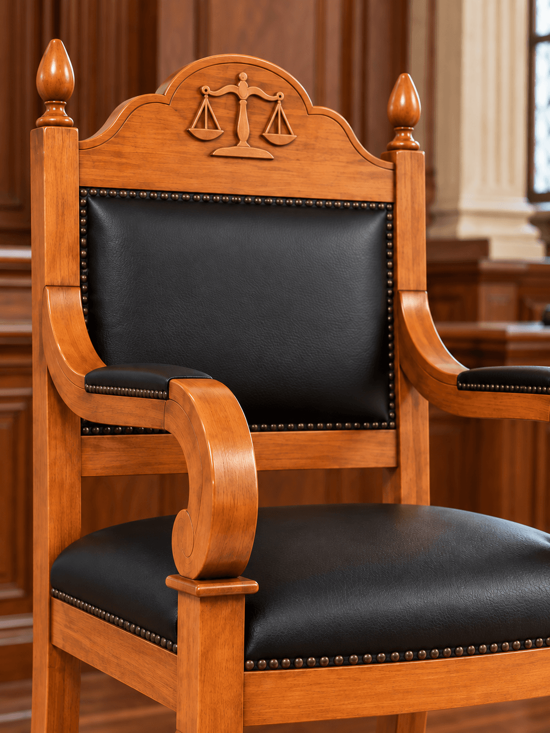 Fauteuil de magistrat en bois massif et cuir noir avec emblème de la justice, dans une salle d'audience