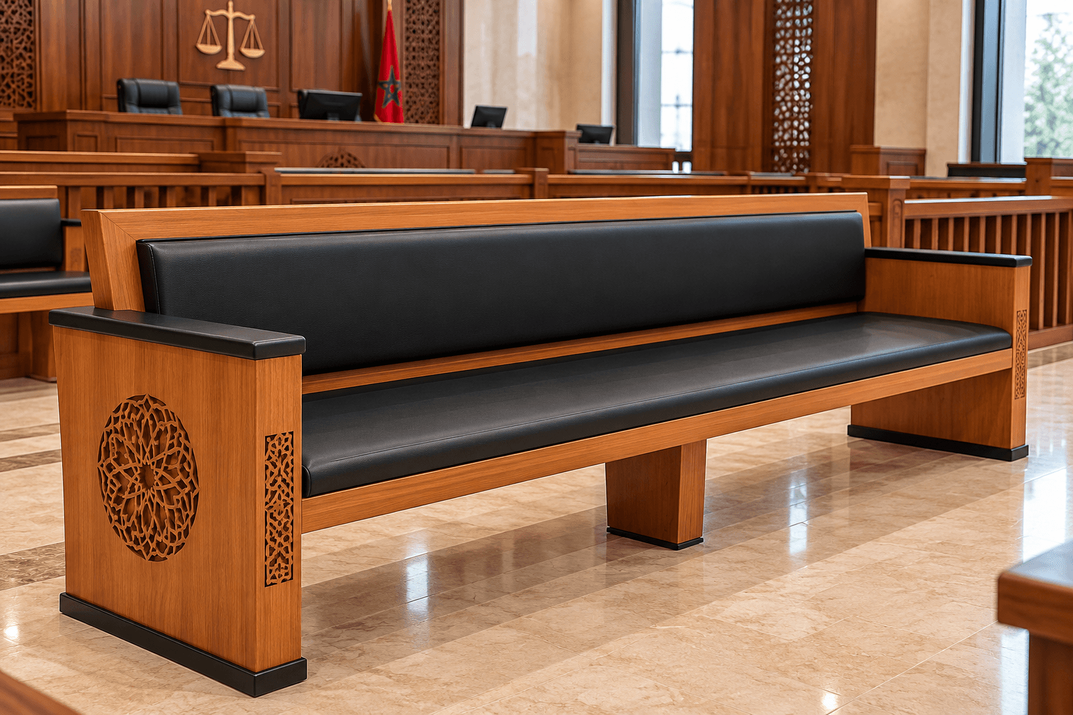 Banc d'audience public avec assise continue en cuir noir et panneaux sculptés, dans une salle de tribunal