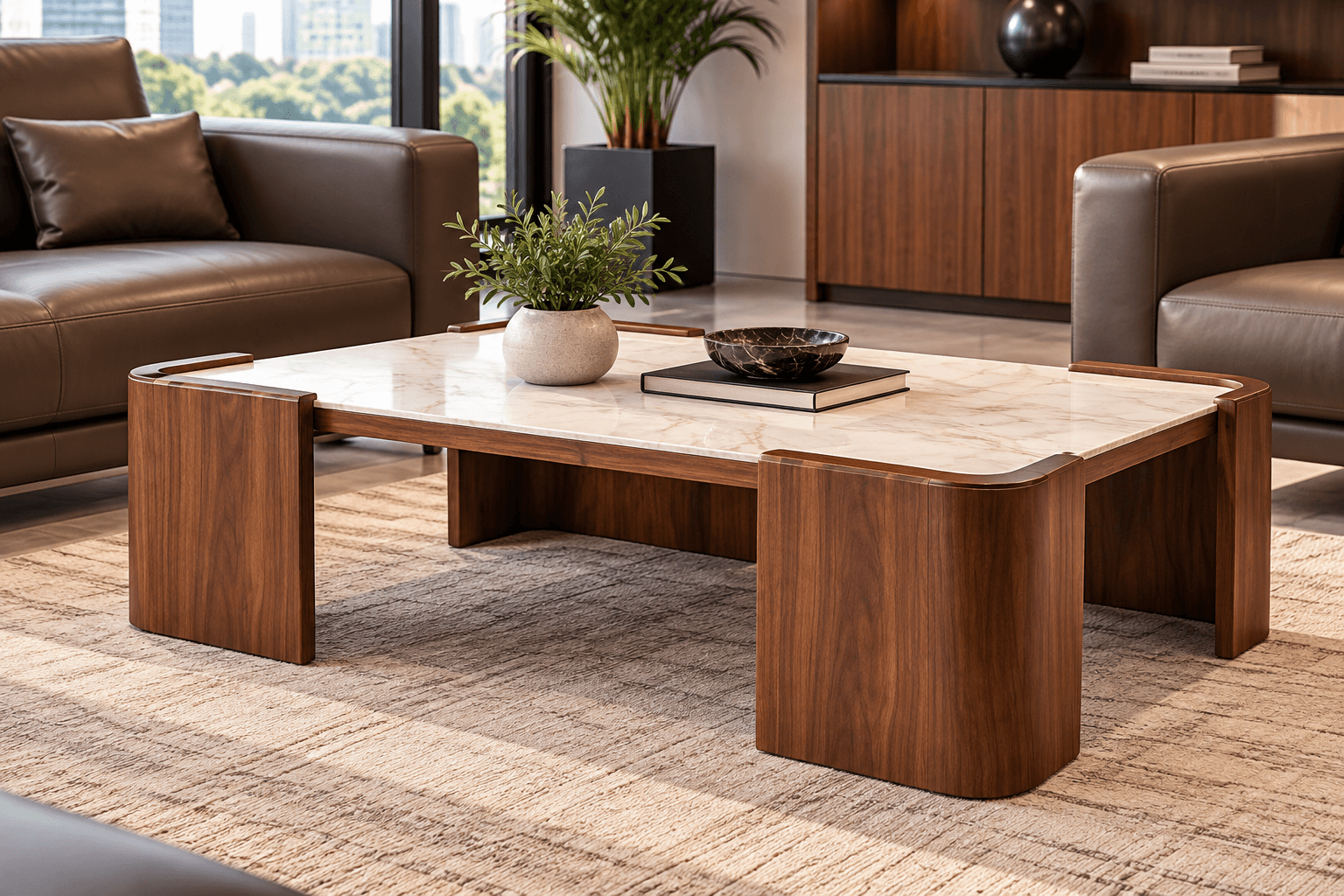 Table basse Diwan Wood en noyer et plateau marbre dans un salon d'accueil de bureau