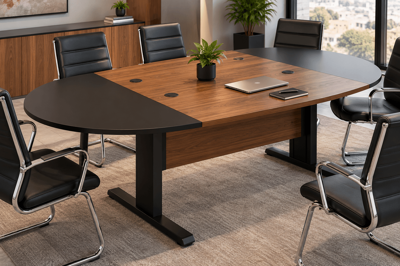 Table de réunion ovale bicolore bois et noir sur piétement métal en T, dans une salle de réunion