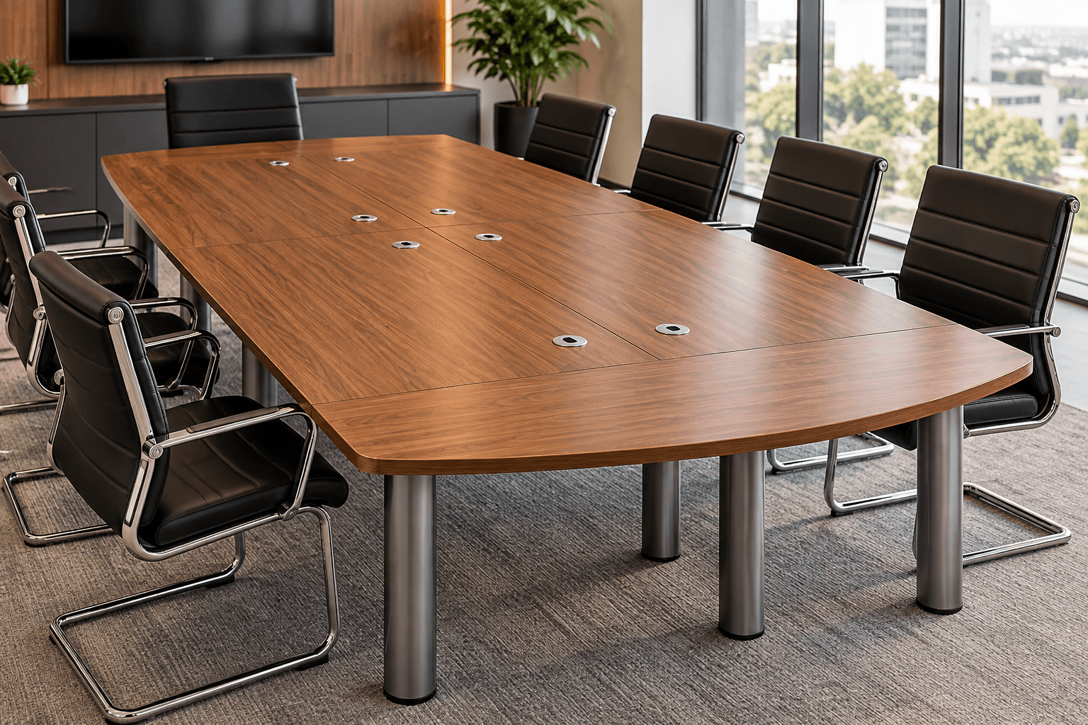 Grande table de réunion modulaire en bois sur pieds tubulaires métal, dans une salle de conseil
