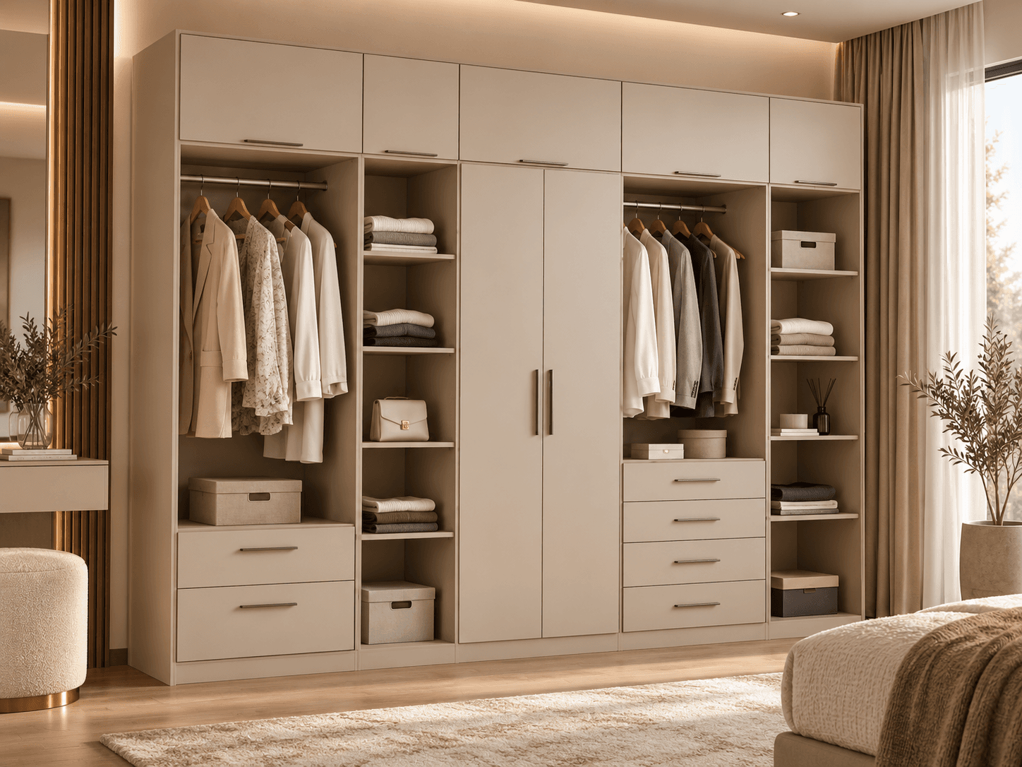 Dressing linéaire contemporain façades mates ton sable avec penderies et tiroirs, dans une chambre