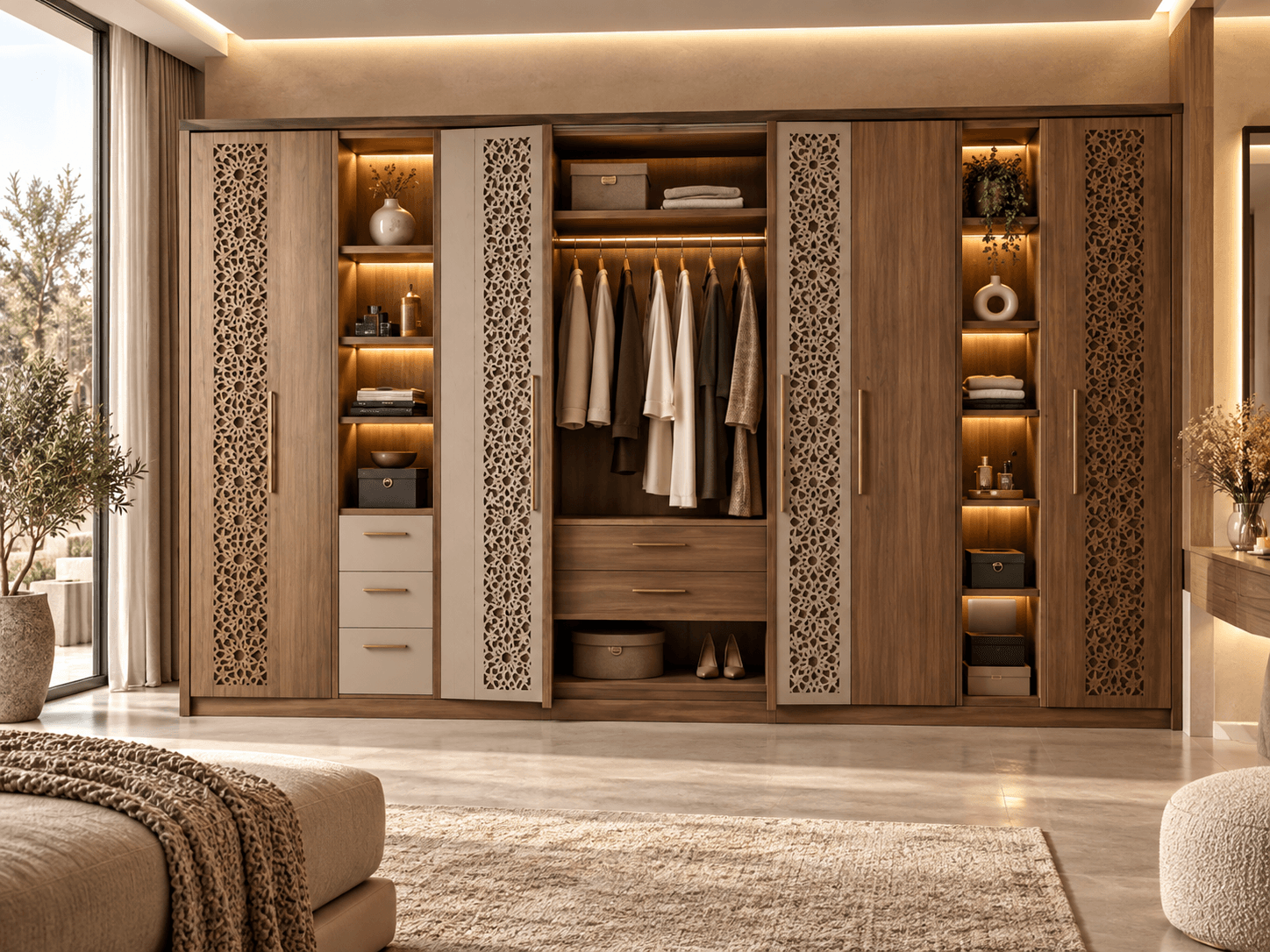 Dressing linéaire en noyer avec portes moucharabieh ajourées et niches éclairées, dans une chambre