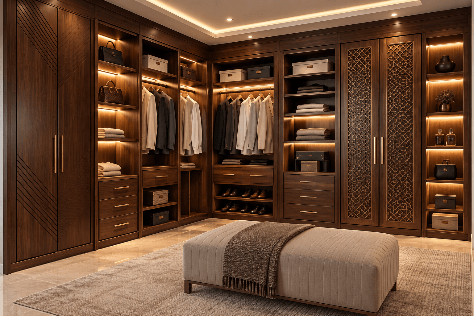 Dressing d'angle en bois massif noyer foncé avec portes chevron et moucharabieh, dans une chambre